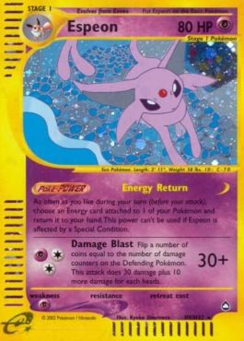 Espeon H9/H32 Holo Aquapolis DMG Kunto: Damaged (Muutama taitos kortin vasemmassa sivussa, taitos vasemmassa