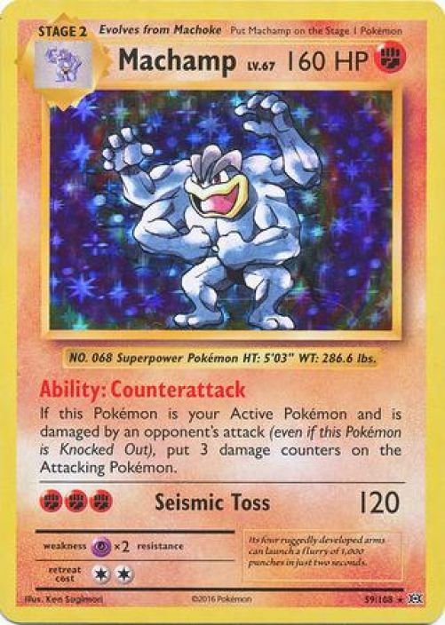 Machamp 59/108 Holo Kunto: Damaged (Alhaalla taitos, vahan kulumaa takareunoissa)