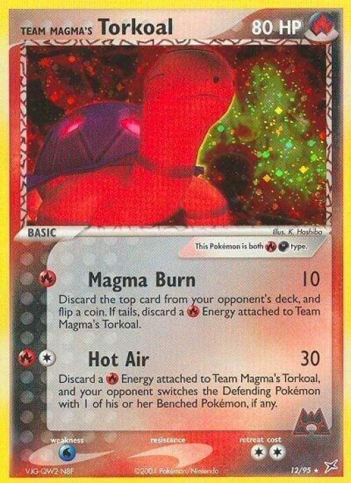 Team Magma's Torkoal 12/95 Holo DMG Kunto: Damaged (Pieni taitos kortin alareunassa, kulumaa takareunoissa)