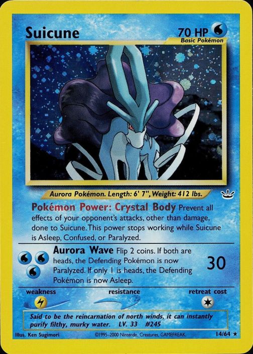Suicune 14/64 Holo DMG Kunto: Damaged ( taitos kortin sivussa, takana paljon kulumaa reunoissa)