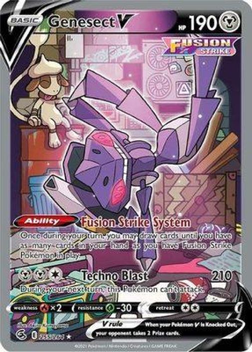 Genesect V 255/264 DMG Kunto: Damaged (Minimaaliset taitokset kortin vasemmassa sivussa, hieman kulumaa reunoissa,
