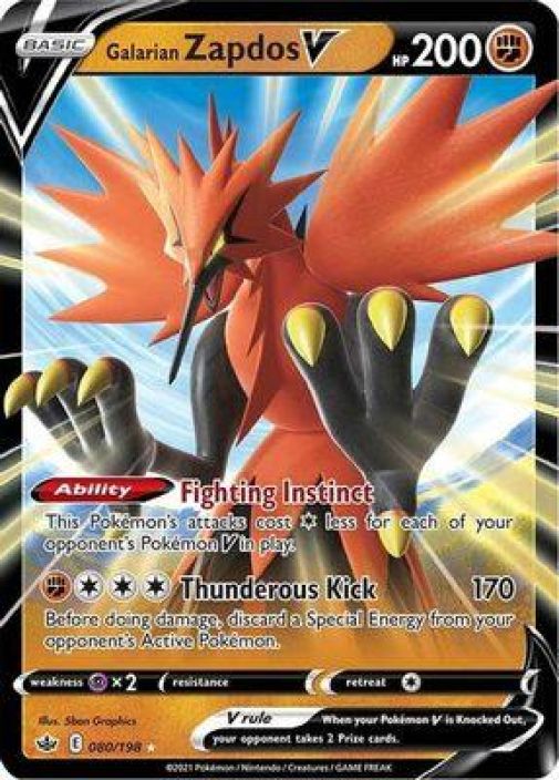 Galarian Zapdos V 080/198 Kunto: Damaged (Oikeassa sivussa taitos, takasivuissa jonkin verran kulumaa)