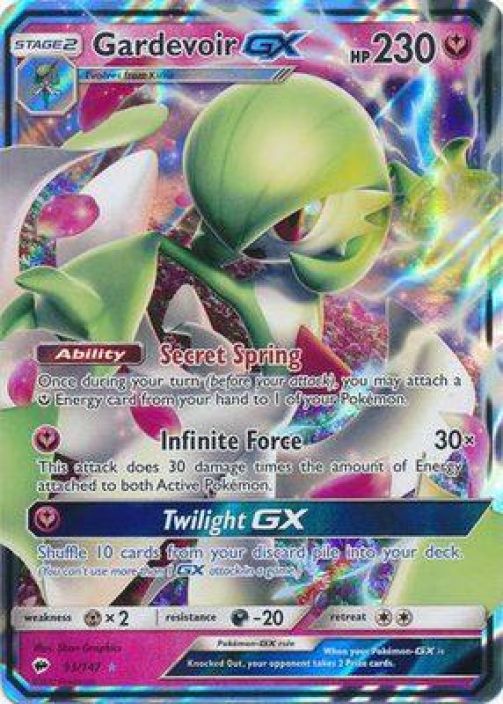 Gardevoir GX 93/147 Kunto: Damaged (Taitos kortin ylaosassa seka pienempi taitos vasemmassa alakulmassa,