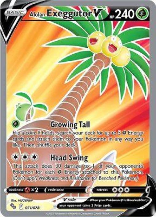 Alolan Exeggutor V 071/078 DMG Kunto: Damaged (Oikeassa sivussa taitos, takasivuissa kulumaa)