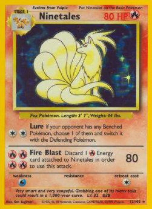 Ninetales 12/102 Holo Base Set DMG Kunto: Damaged (kulumaa edessa keskella ja takana reunoissa)