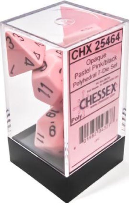 Chessex opaque pastel pink/black polyhedral 7 dice set CHX 25464