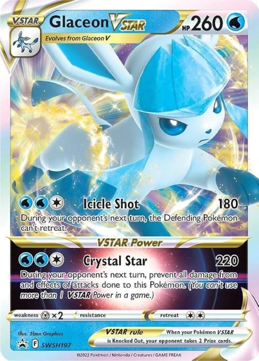 Glaceon VSTAR SWSH197 Kunto: Damaged ( Vasemmalla ja oikealla sivulla taitokset, vasemmassa ylakulmassa pieni
