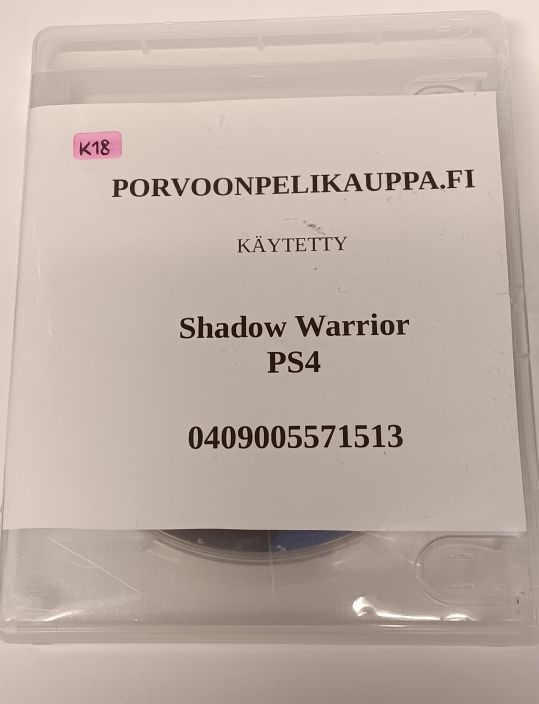 Shadow Warrior Loose Kaytetty PS4 Ei alkuperaisia kansipahveja