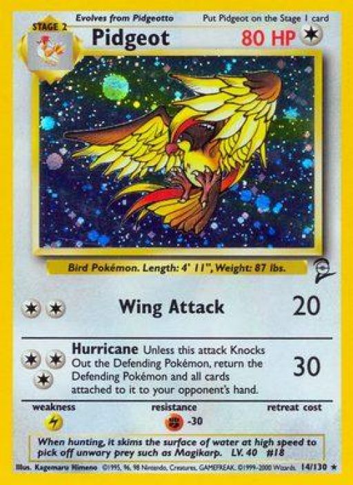 Pidgeot 14/130 Holo Base Set 2 Kunto; Damaged (Taitos Kortin vasemmasta sivusta keskelle, pieni taitos vasemmalla