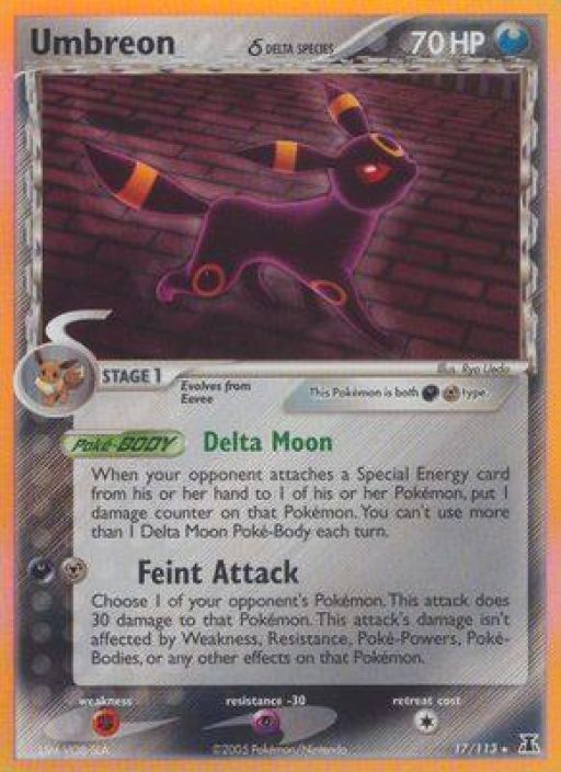 Umbreon 17/113 Delta Species Stamped Holo DMG Kunto: Damaged (Taitos alhaalta ylos kortin halki, pienempia