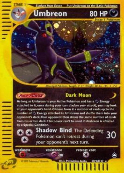 Umbreon H92/H32 Holo Aquapolis DMG Kunto: Damaged (Taitos kortin oikeassa sivussa, pienempi taitos kortin