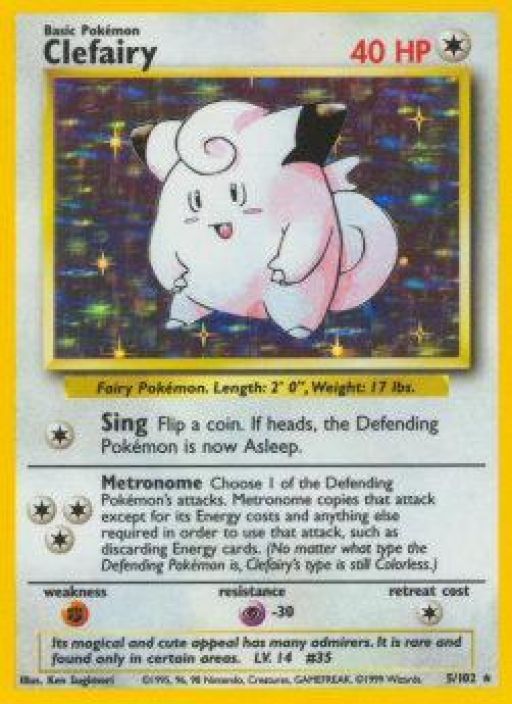 Clefairy 5/10 Holo Base Set DMG Kunto: Damaged ( taitos ylakulmassa ja kulumaa reunoissa)